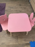 Koka Bērnu Galds un Divi Krēsli (Bear & Bunny) /rozā krāsa