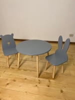Koka Bērnu Galds un Divi Krēsli (Bear & Bunny) / pelēka krāsa
