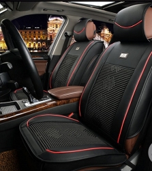 2x Универсальные передние авто чехлы, чёрный с красными линиями кожзам с тканевыми вставками ― AUTOERA.LV